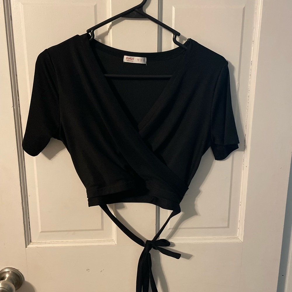 Romwe Black Wrap Top